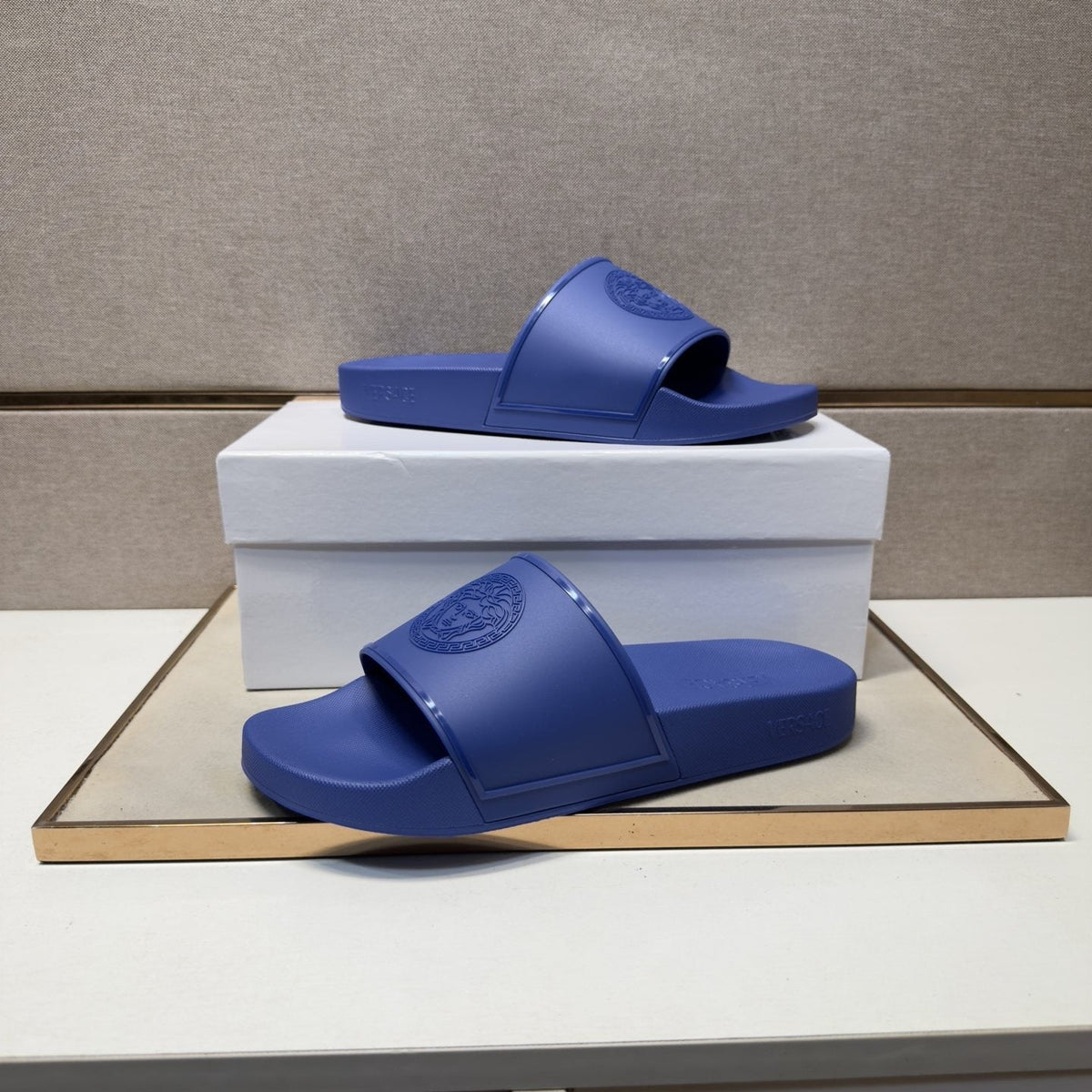 Versace Blue Raised Emblem Slide Sandals