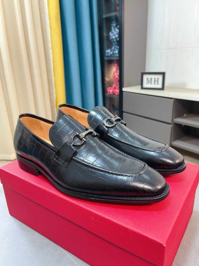 Ferragamo Black Embossed Bit Loafers