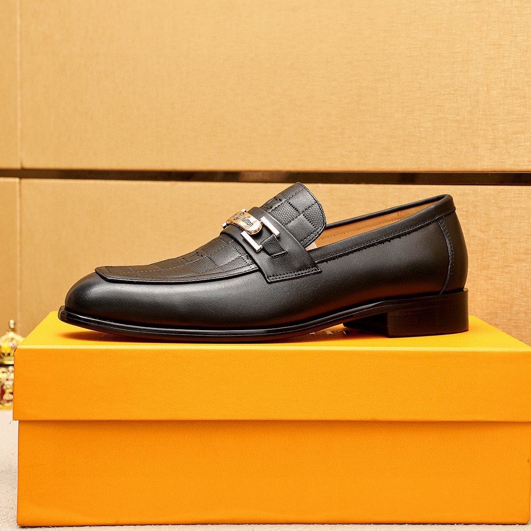 Louis Vuitton Black Embossed Loafers - Metal Bar Vamp Detail